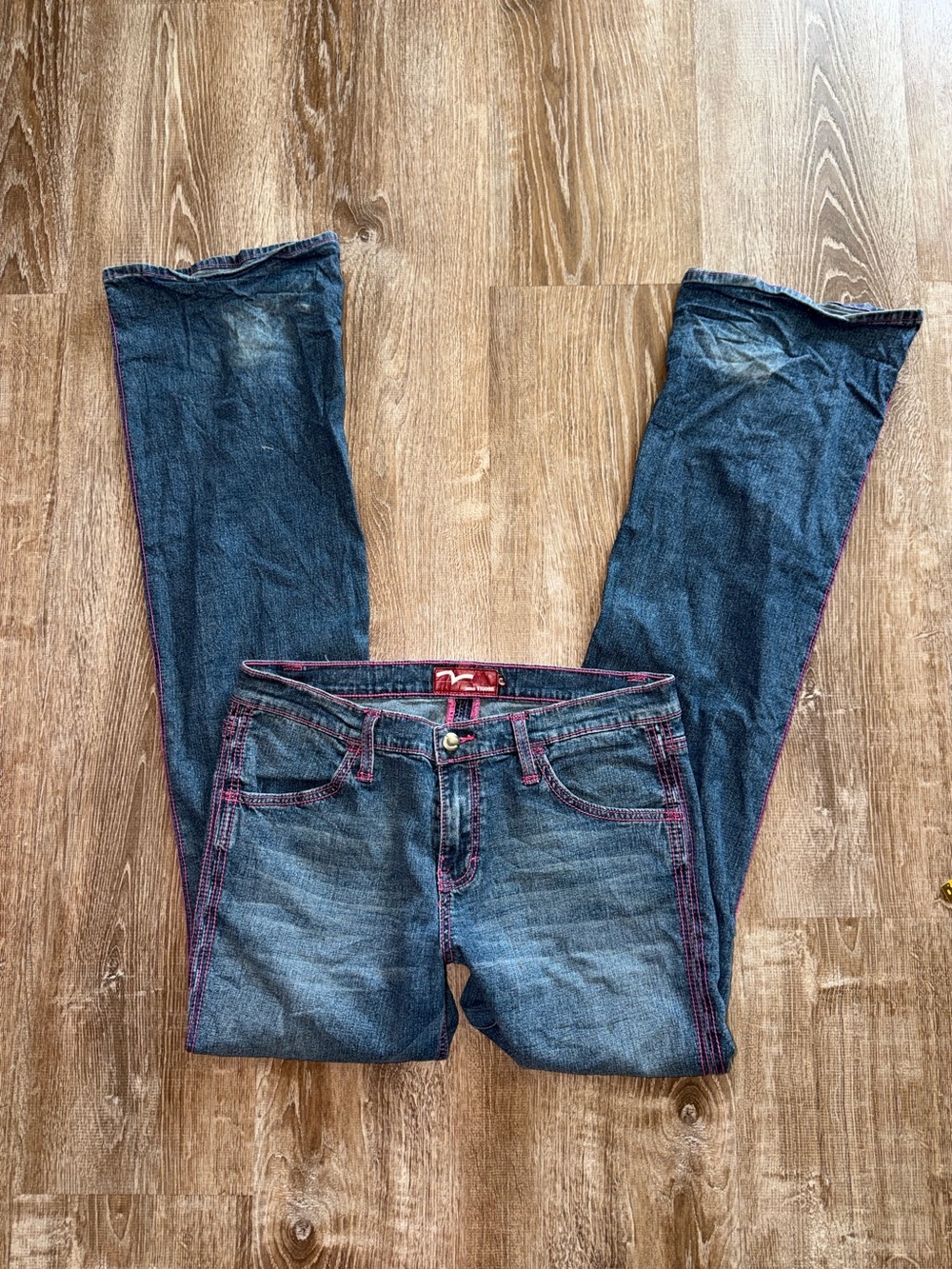 Vintage Y2K Women's Blue Denim Jeans with Pink Stitching